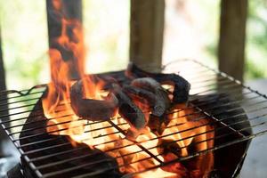 Grilling a slice of buffalo buff over an open charcoal fire photo