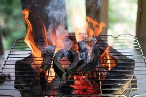 Grilling a slice of cow leather over an open charcoal fire photo