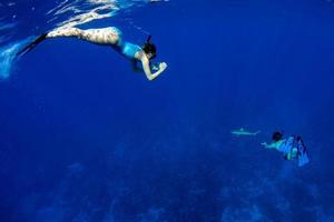 gente buceando con tiburones en el océano azul de polinesia foto