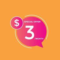 3 USD Dollar Month sale promotion Banner. Special offer, 3 dollar month price tag, shop now button. Business or shopping promotion marketing concept vector