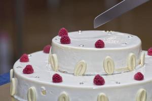 cutting a raspberry cake photo