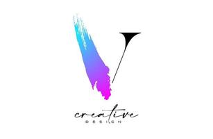 diseño de logotipo de letra v de trazo de pincel con vector de trazo de pincel púrpura azul colorido artístico