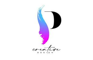 diseño de logotipo de letra p de trazo de pincel con vector de trazo de pincel púrpura azul colorido artístico