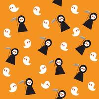 Halloween seamless vector pattern with cute ghost and reaper on orange background.