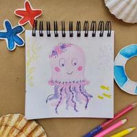 Art craft, how to draw sea jellyfish, sketch workshop, how to drawing by hand. Flat lay top view. Kids picture, art hobby. Painting with pencil. Artists workshop. photo