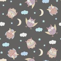 Cute sleeping owls seamless pattern. Funny night background with wild birds, clouds and moons on a dark background. Vector baby illustration with cute characters.