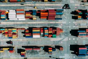 Aerial drone top down view of containers spread across a busy port, logistic and international trade concept photo