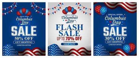 Columbus sale discount, Happy Columbus Day Greeting Card 2022 with Waving USA flag vector background illustration for banner, poster, social media feed