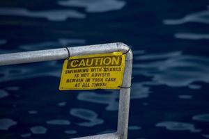 Precaución nadar con tiburones señal amarilla foto