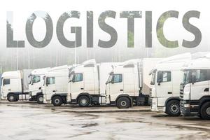 camiones en fila con contenedores en el estacionamiento cerca del concepto forestal, logístico y de transporte foto