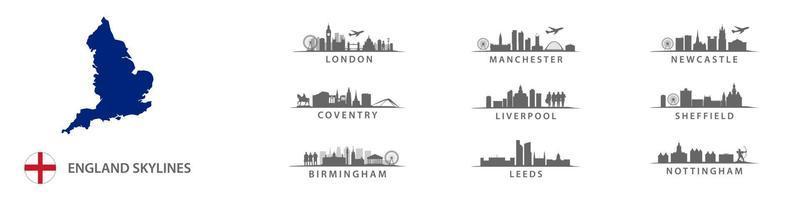Big cities in England, skylines in vector sihouettes, english destinations like London, Leeds, Coventry, Birmingham, Liverpool, , ManchesterNewcastle, Sheffield, Nottingham