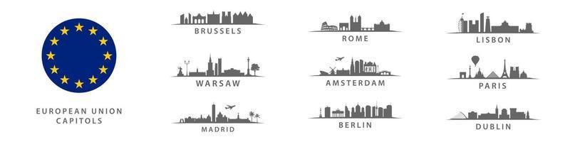 Collection of European Union Capitols, Big CIty on old continent, important metropolis set panorama vector