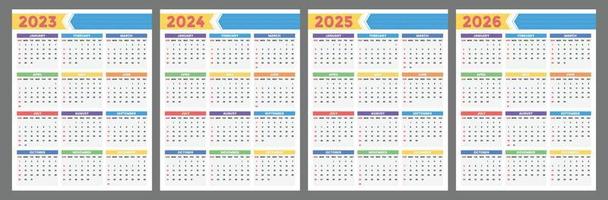 Calendar 2023 2024 2025 2026 years. week starts on sunday vector template