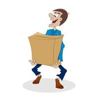 Discounts and sales. A man has made a big purchase. A man is carrying a heavy paper box. vector