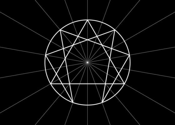 Enneagram icon, sacred geometry, white diagram logo template, vector illustration isolated on black background