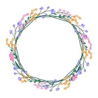 vector round floral frame from flowers. Isolated on white. Cartoon style. Template.