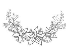 Hand drawn monochrome christmas frame. wreath, branch from poinsettia and leaves. Vector illustration. Childrens coloring book. Isolated on white.