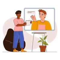 A young student guy is talking to a friend via video link. Remote communication. Flat vector illustration.