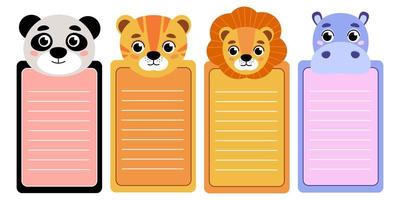 un conjunto de lindas cabezas de animales. etiquetas de precios del zoológico de dibujos animados. una colección de lindos personajes animales al estilo de las caricaturas. panda, león, tigre, leopardo, hipopótamo. vector. vector