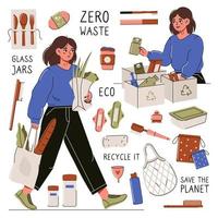 el concepto de cero residuos con objetos ecológicos, personas e inscripciones. bolsa de compras, contenedor, peine, botella, frasco, cepillo de dientes, verduras, etc. vida ecológica. vector