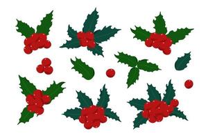 Holly plant set, red berries, leaves traditional winter holidays vector illustration, Christmas symbol, decor for end of the year celebrations and family gatherings, festive mood simple pattern