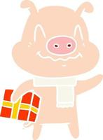 nervous flat color style cartoon pig with present vector