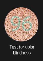 Ishihara test for color blindness. Color blind test. Green number 96 for colorblind people. Vision deficiency. Vector illustration.