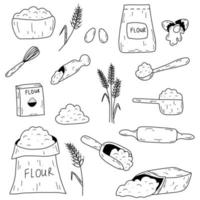 Baking ingredients in doodle hand drawn style. Bag with flour, eggs, kitchen whisk, rolling pin, wheat ear spikelet. Vector sketch illustration set for pastry cooking