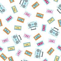 Seamless pattern with old school stereo radio cassete player and audio mixtape. Vintage background of retro portable tape recorder, boombox, nostalgia for 1980 1990 vector
