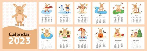 Calendar 2023 with cute rabbit. Symbol of the year. Cover and 12 months pages. Vertical template. Week starts on Sunday vector