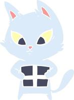 confused flat color style cartoon cat with gift vector