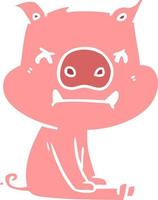 angry flat color style cartoon pig sitting vector