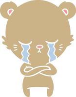 crying flat color style cartoon bear with folded arms vector