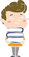 happy flat color style cartoon man with stack of new books vector