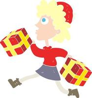 flat color illustration of a cartoon running woman with presents vector