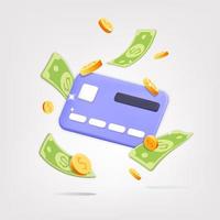 3D vector cartoon render credit card with flying dollar currency design illustration