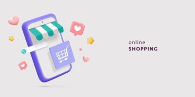 Online shopping on mobile app store 3d vector render web banner illustration