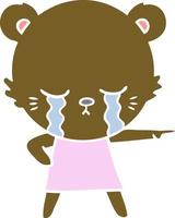 crying flat color style cartoon bear in dress pointing vector