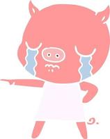 flat color style cartoon pig crying pointing vector