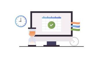 Schedule planning and work tasks, filling checklist, making schedule using calendar, business organization concept flat vector illustration.