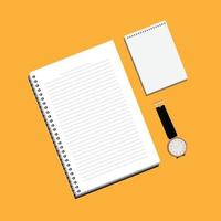 un cuaderno con líneas blancas y un bloc de notas para escribir notas se colocan junto al reloj de pulsera con correa negra convertida vector