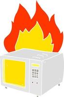 flat color illustration of a cartoon microwave on fire vector