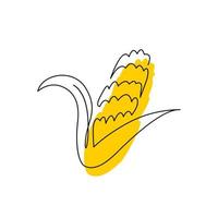 Whole organic corncob in continuous line art drawing style isolated. Single outline corn crop sketch and color spot. Fresh sweetcorn logo concept design. One line hand drawn flat vector illustration