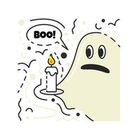 Phantom silhouette holding candle isolate on white background. Scary spirit with boo bubble speach. Halloween spooky character. Holiday traditional ghost personage. Hand drawn flat vector illustration