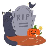 Grey memorial tombstone with halloween pumpkin isolated. Fluffy black cat next to grave with raven bird. Creepy jack lantern with evil smiling face and human bone. Hand drawn flat vector illustration