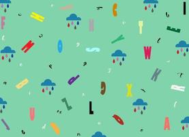 Vector colorful background made from alphabet symbols and rain cloud, letters or characters in flat style. Alphabet seamless pattern.