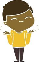 flat color style cartoon smiling boy shrugging shoulders vector