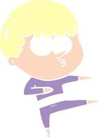 flat color style cartoon curious boy dancing vector