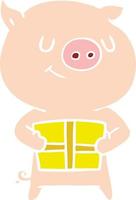 happy flat color style cartoon pig with christmas present vector