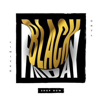 Black Friday Sale Banner or Poster with White and Gold Text on Black Background. Advertising and Promotion Banner Design for Black Friday Campaign